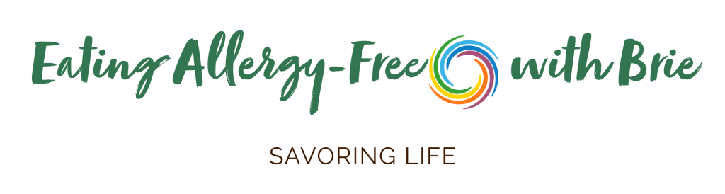 Logo that says Eating Allergy-free with Brie with the tagline Savoring Life under it. Logo includes and rainbow swirl
